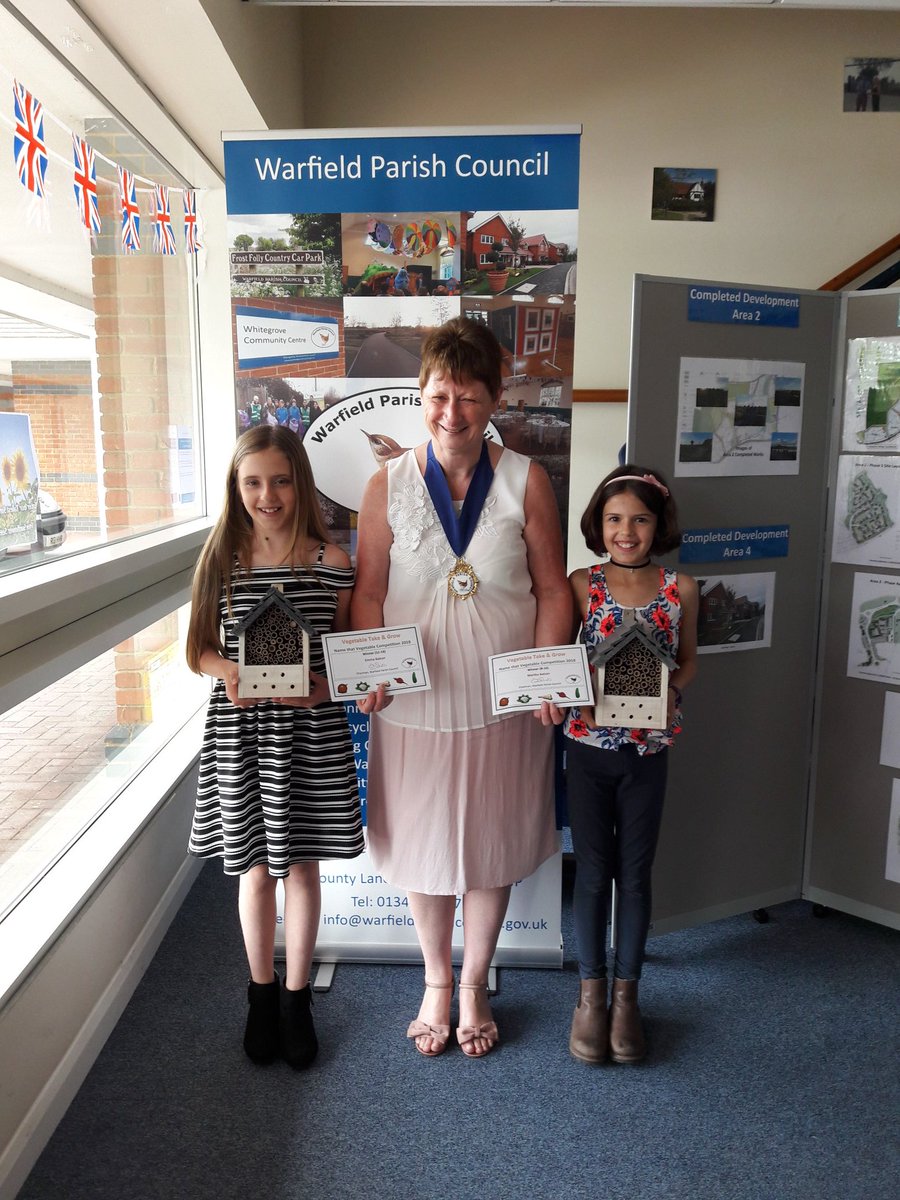 WendyBalzan's tweet photo. @sandylaneBF @helen_smedley Emma &amp; Martha both won their age groups in the Name that Vegetable competition. They would like to donate their Insect Houses to the school &amp; Gardening Club. They were presented with their prizes by the Chairman of Warfield Parish Council. https://t.co/j3ZbbPy98B