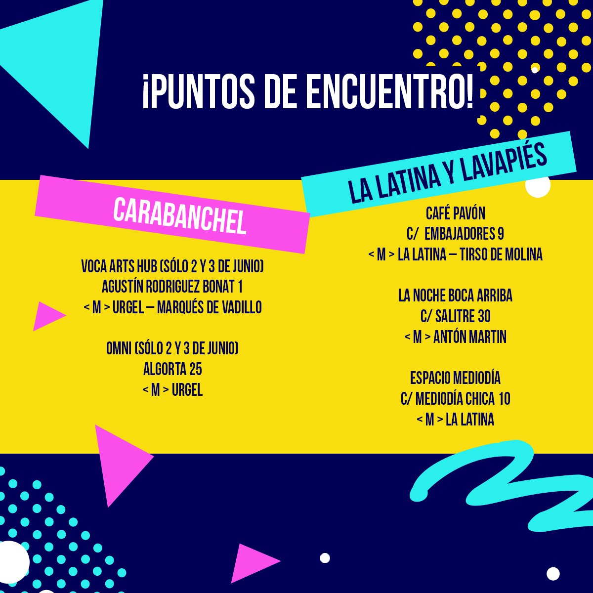 LOSARTISTASDB's tweet photo. ¡Para los despistados aquí os dejamos los punto de encuentro para este fin de semana!
...Y arrancamos. #ADB2018 #LosArtistasDelBarrio https://t.co/C4i0IorIkw