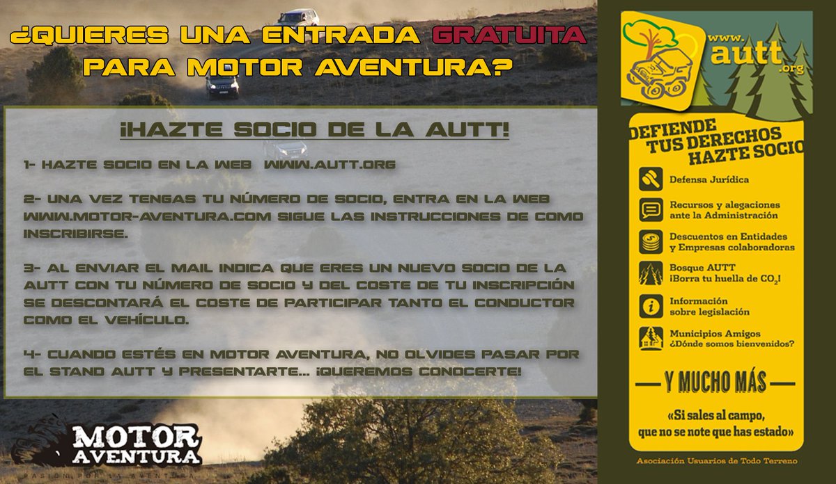 AsocUsuariosTT's tweet photo. ¿Quieres una entrada gratis para Motor Aventura? ¡Hazte socio! https://t.co/zFotm8Wfkw
@Masiapelarda #Motoraventura #AUTT #YOSOYAUTT #BOSQUESAUTT
#bosques #yoeliminoCO2
#borratuhuella
#4x4 #naturaleza
#defiendetusderechos
#juntossomosmásfuertes
#SOS4x4 https://t.co/Fk5SxV3az0