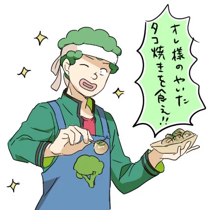 昼に、高橋の故郷は関西なんじゃないかと思ってたこ焼き持ってる高橋描いた 