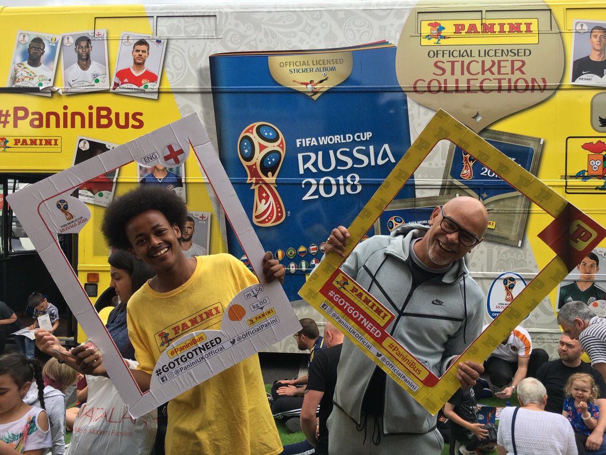 OfficialPanini's tweet photo. Busy in Wolverhampton this morning! Here’s former @Wolves player George Berry and freestyler Mo Omar enjoying our Panini Sticker frames! Come and say hello 👋🏼 #PaniniBus #GotGotNeed https://t.co/35VlFoe6Hb