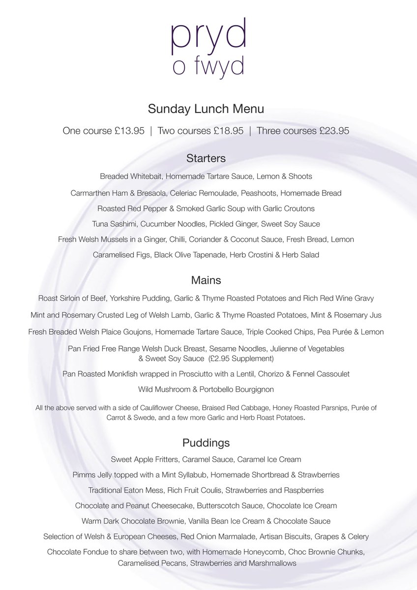 We're fully booked tonight, but have tables free for Sunday lunch tomorrow, from 12pm til 4.

Choose from amazingly good local aged beef or lamb. If that's not your thing, there's Free-Range Duck and delicious Welsh Plaice &amp; Monkfish, as well as a fabulous Mushroom Bourgignon