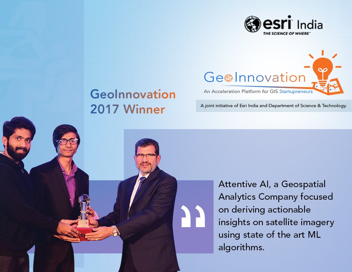 Attentive AI, the winners of GeoInnovation 2017! Do you think you can beat them by innovating something new?
Register today: goo.gl/WuRdM4 
#Geoinnovation #Challenge #Startups #GIS #ContestAlert #IndiaStartup #B2B #B2G