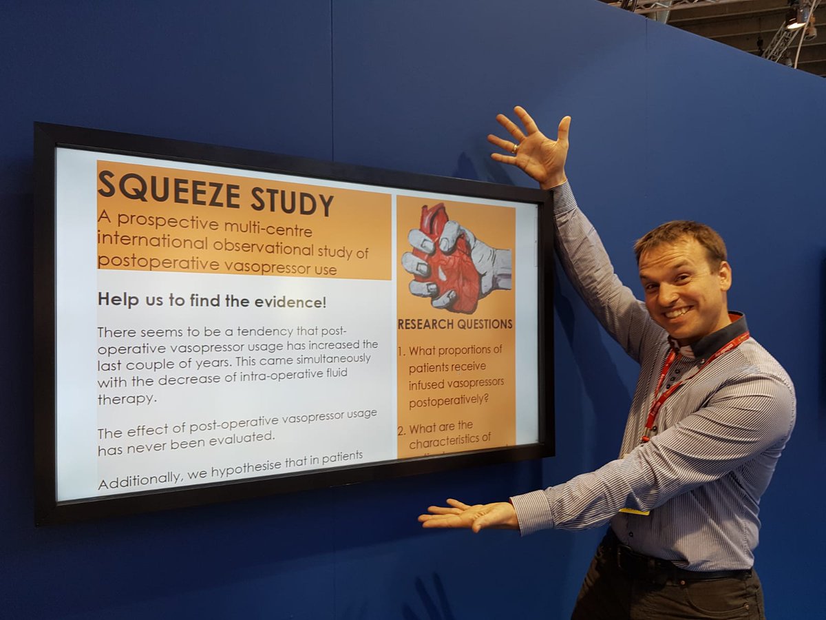 ESAIC_org's tweet photo. A new research @Squeezestudy on #vasopressor therapy was introduced this morning at #EA18 by Clinical trials network grant winners @IbJammer &amp; @drbencb Find out how to join the study at @ESA_HQ booth or https://t.co/iieku6Ry26 https://t.co/UEPJaAx0dq