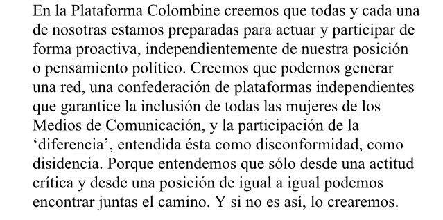 PColombineRM's tweet photo. “podemos generar una red, una confederación de plataformas independientes que garantice la inclusión de todas las mujeres de los Medios de Comunicación, y la participación de la ‘diferencia’, entendida ésta como disconformidad, como disidencia.” #LasPeriodistasParamos https://t.co/IkduaksXYc