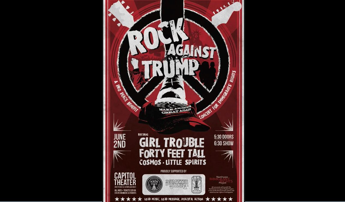 olyarts's tweet photo. "Rock Against Trump" concert at Capitol Theater in Olympia on June 2 @FortyFeetTall @COSMOStheband @RATolympia #rock #RockAgainstTrump https://t.co/I4sEGgsA9Y https://t.co/kje4PZsaOR
