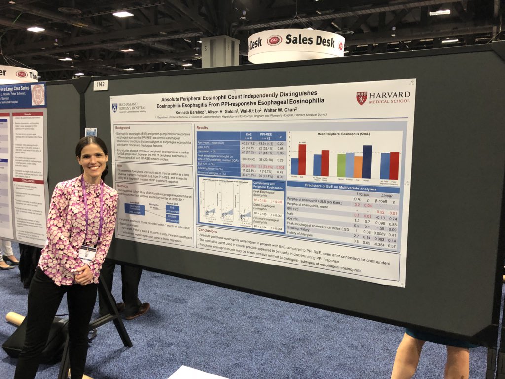 @AlisonGoldinMD presenting her work on peripheral eosinophilia and PPI-Responsive EoE vs. EoE. Higher mean peripheral eosinophils in EoE #ddw18 #BrighamGIatDDW18
