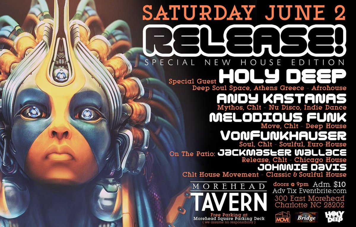 TempoCharlotte's tweet photo. Make your way over to @MoreheadTavern tonight, beginning at 9 PM for RELEASE! A Special New House Edition. Tickets are only $10 at the door, and doors open at 9 PM. Check out TOP acts in #ChicagoHouse #DeepSoulSpace #DeepHouse, and more! #CLTConcerts #CLTNightlife #CLTMusic https://t.co/4suRDqMd8s