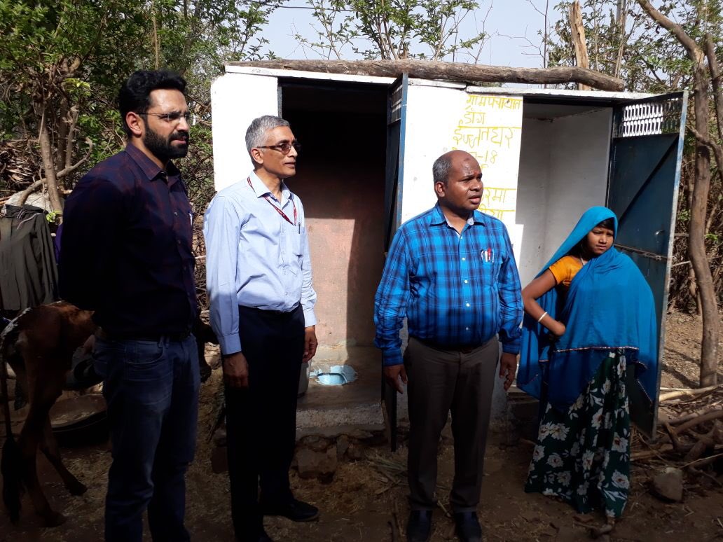 With SDM Qamar, Rajasthan Mission Director PC Kishan and toilet owner at village Biliya, Udaipur district this afternoon. <a href="/swachhbharat/">Swachh Bharat Mission - Grameen</a> sustainability is the focus now.