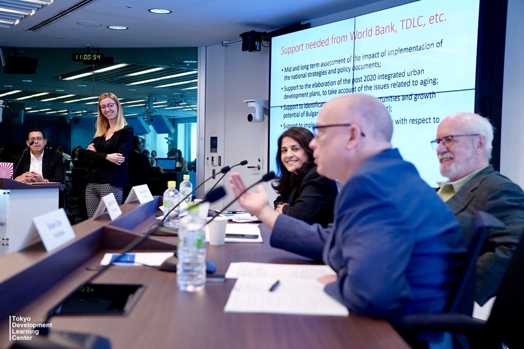 DasMaitreyi's tweet photo. Fun takeoff on #SharkTank as country delegations presented their ideas on #agingcities at the @TDLCen #TDD in Tokyo last week. Judging with me were Dean Cira of @WBG_Cities and Brad Perkins of @PerkinsEastman https://t.co/sYILwKJ4v9