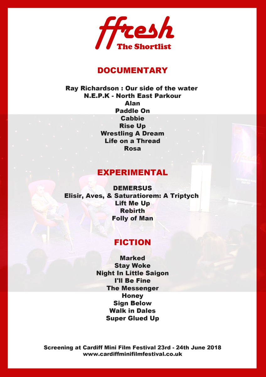 ffreshfest's tweet photo. It's the shortlist! Congrats to all of those who made it. You can watch this shortlist at Cardiff Mini Film Festival from 23rd - 24th June. https://t.co/F0vAKBe9IW