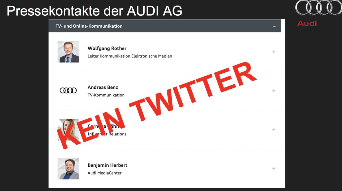 Cr0Angel's tweet photo. Ihr werbt mit ,,Vorsprung ist unser Versprechen” aber wo ist euer Vorsprung in den SoMa Kanälen in der #OnlinePR? Bei meiner Suche nach SoMe Mitarbeiter konnte ich nur wenige entdecken @Audi_Press! Wie interagiert Cornelia Böhm mit Influencern ohne Twitteraccount? #PRandnew #audi https://t.co/ioNGCNLBAv