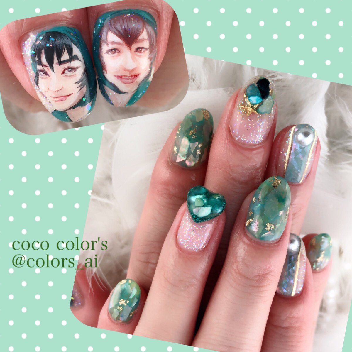 Color Sすずきあい A Twitteren お客様オーダー ミュージカル忍たま乱太郎 善法寺伊作役 反橋宗一郎さん 食満留三郎役 秋沢 健太朗さん 似顔絵ネイル 痛ネイル以外はグリーンの夏ネイル 大ぶりのシェルやパールがかわいい 痛ネイル 夏ネイル