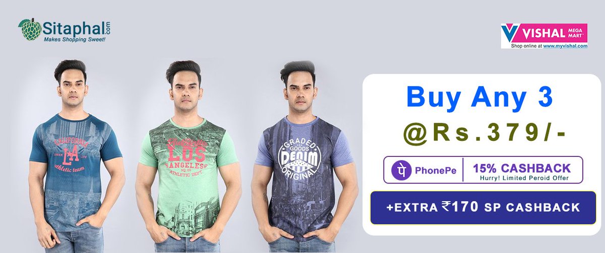 SitaphalOnline's tweet photo. Hurry Up! Limited Period Offer. Buy any 3 Branded T-shirts at Rs.152/- after Sitaphal and PhonePe Cashback.

Check Out Now:  https://t.co/UtUCt0FH1I https://t.co/o09wpOPKXS