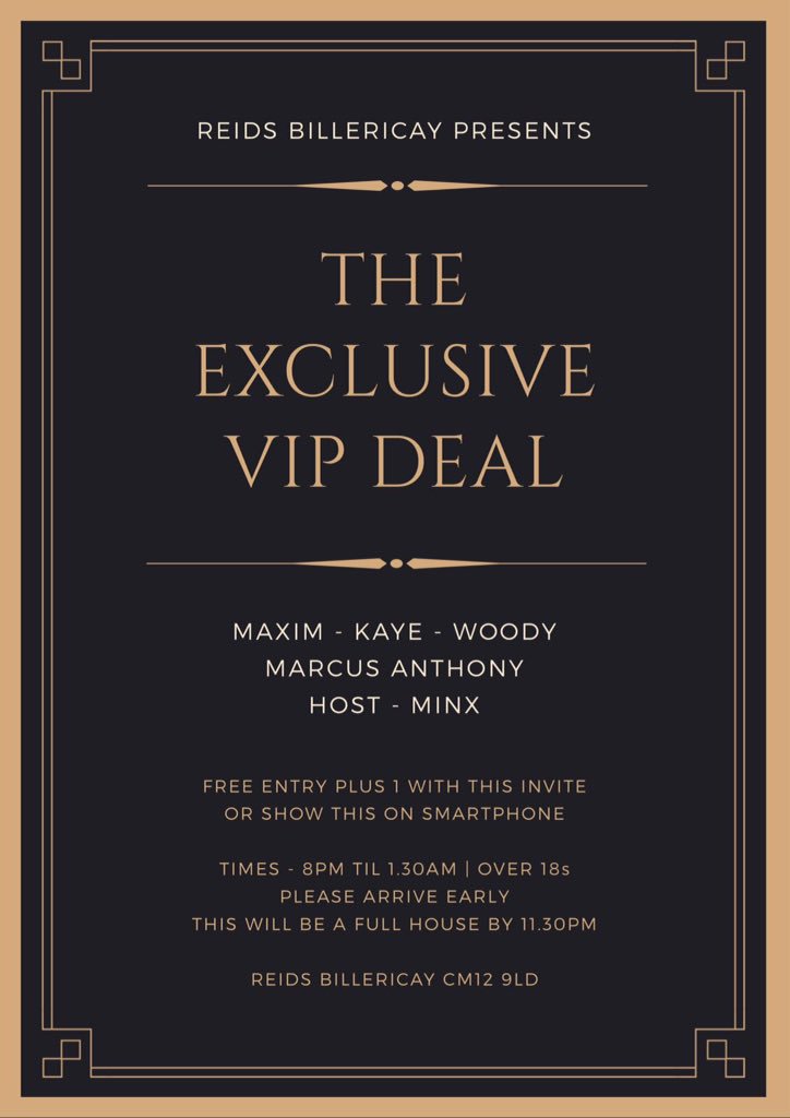 MaximSinclair's tweet photo. THE VIP DEAL

FRIDAY 15TH JUNE 

@REIDSbillericay 

SAVE THIS FLYER ON YOUR PHONE FOR FREE ENTRY 😲

DJS | HOST
@MaximSinclair 
@DJ_KAYE_ 
@DJWoody01 
@DJ_Enigma_Uk 
@minxhoney 

#ArriveEarly 👄👄 https://t.co/uzwe0O2Dbp