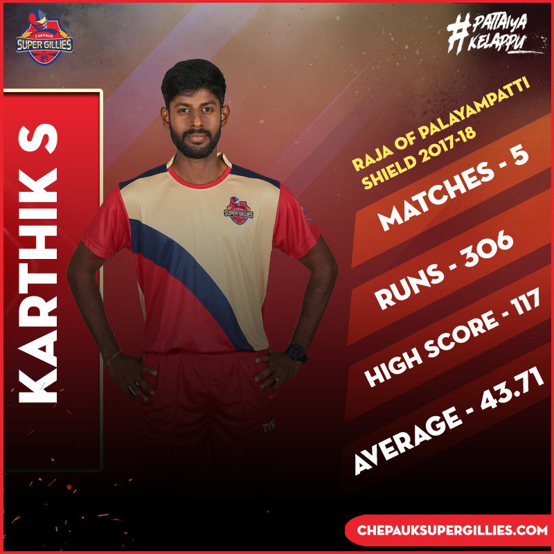 supergillies's tweet photo. 5️⃣ Matches 
3️⃣0️⃣6️⃣ Runs
S Karthik's impeccable form with the bat in Raja of PalayamPatti Shield 2017-18. #PattaiyaKelappu 🤙 https://t.co/66bsJJq0xO