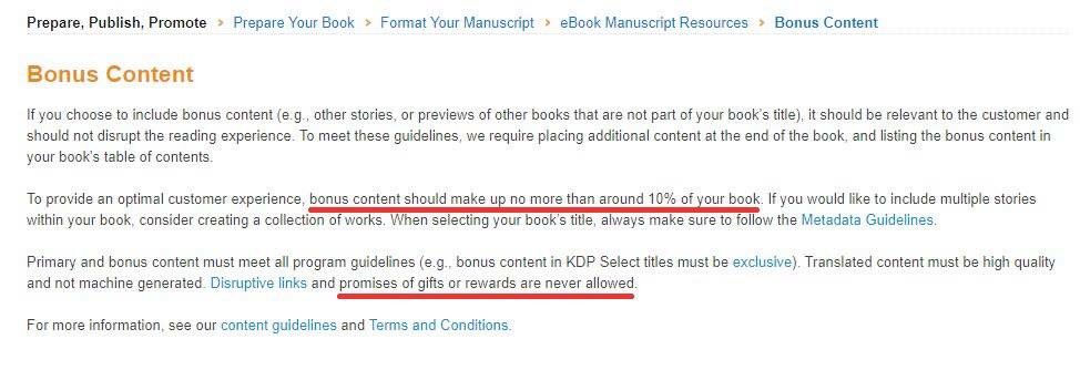 <a href="/amazon/">Amazon</a> <a href="/AmazonHelp/">Amazon Help</a> <a href="/AmazonKDP/">Kindle Direct Publishing</a> <a href="/JeffBezos/">Jeff Bezos</a>
To help us, the readers, to help you  enforce the new ebook guidelines, please create a “report excessive bonus content” option within the Kindle HELP.
It annoys the majority of readers, but reporting it is excessively complicated.