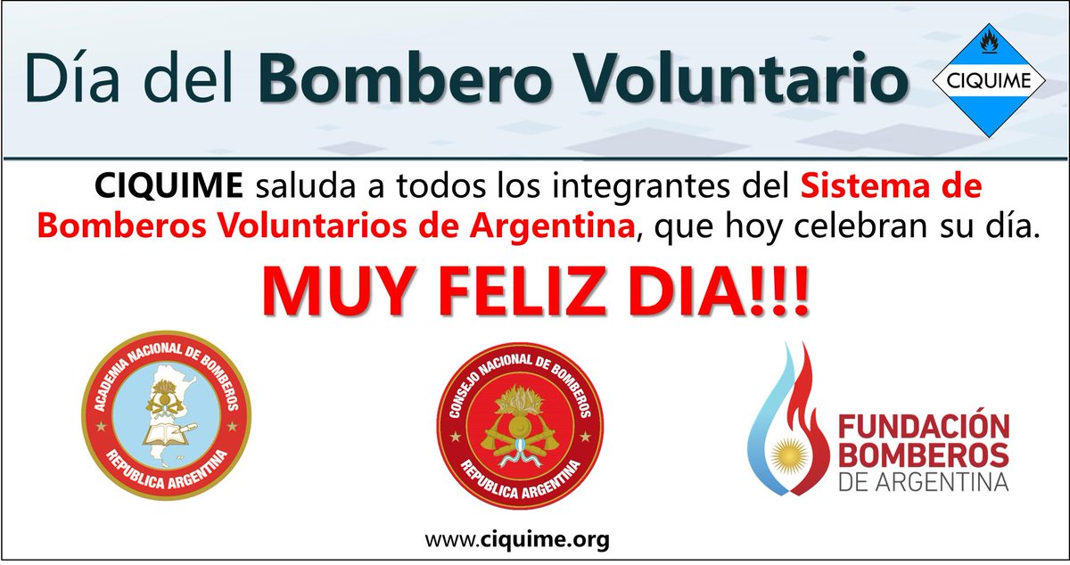CIQUIME's tweet photo. Feliz Día a todos los Bomberos Voluntarios de Argentina #DiaDelBomberoVoluntario @bomberosRA https://t.co/KLS5CWT4XY