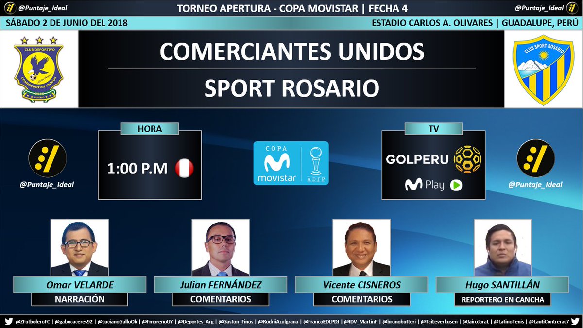 Puntaje_Ideal's tweet photo. ⚽ #TorneoApertura 🇵🇪 | #ComUnidos 🆚 #SportRosario
🎙 Narración: @OmarVelardeT
🎙 Comentarios: @vicentgol - @julianf10
⛳️ En cancha: @hugo_1055
📺 TV: @GOLPERUoficial - #MovistarPlay
Dale RT 🔃 https://t.co/RrJ3njQJdb