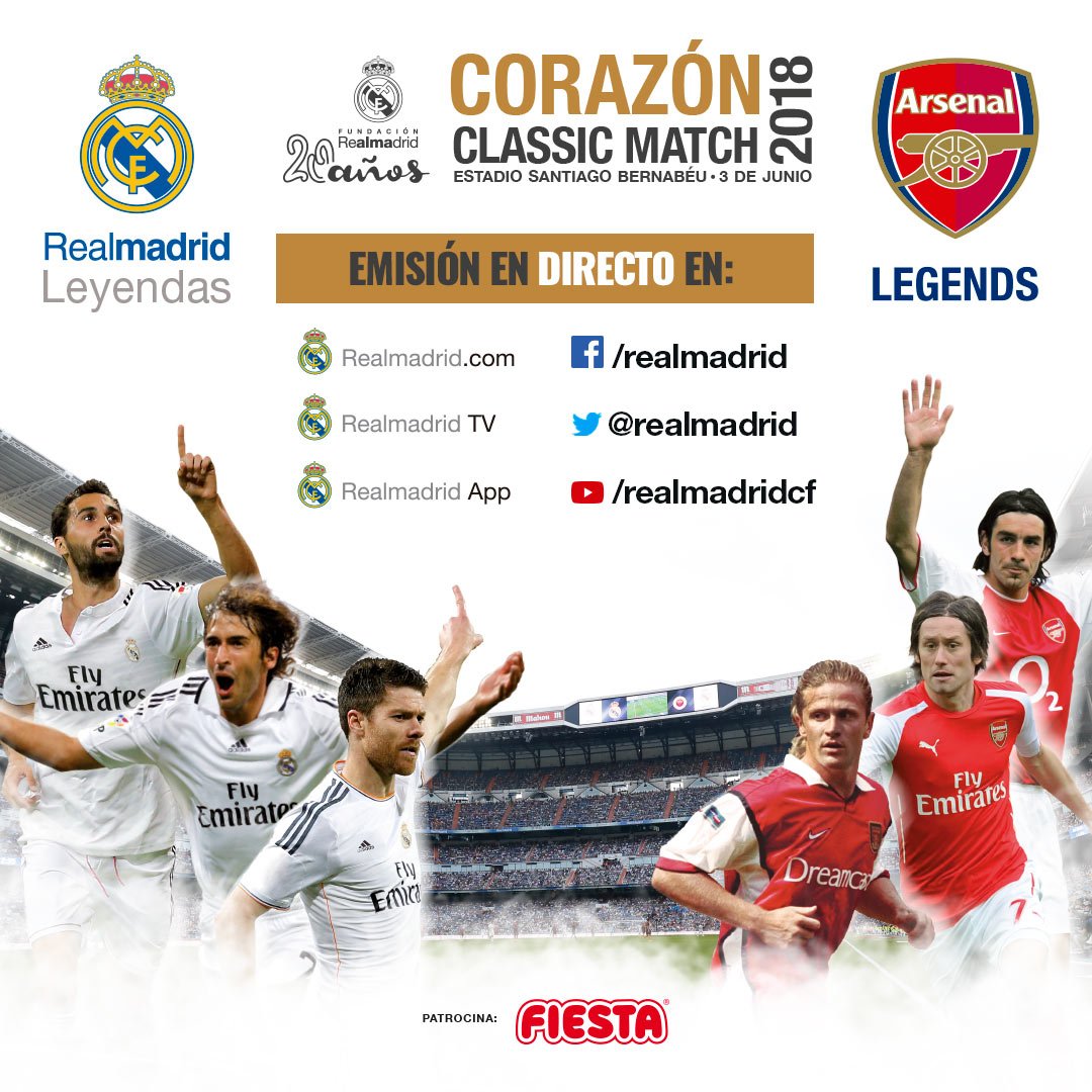 realmadrid's tweet photo. 📺 ¡En 24 horas veremos a las leyendas del #RealMadrid y el @OfficialAFC_ES frente a frente en el #CCM2018! ¡Preparaos para nuestras emisiones en DIRECTO multicanal! 
🎥 #RMTV | 🍬 #FútbolPorLaInfancia https://t.co/umY622M67H