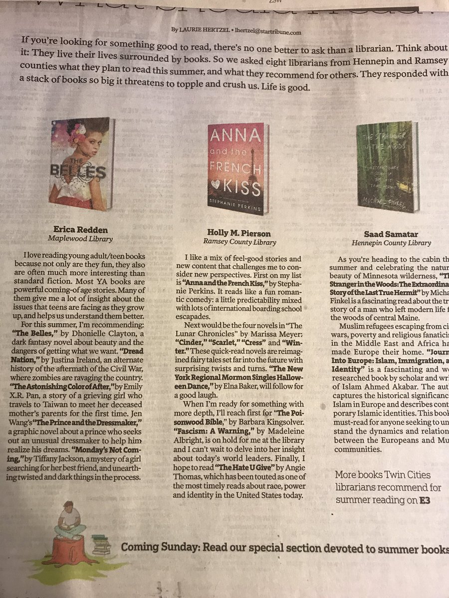 lwelch616's tweet image. Love seeing YA fiction (and some of my favs) on list to read for summer!  #mnstartribune #mnlibraries #summerreads