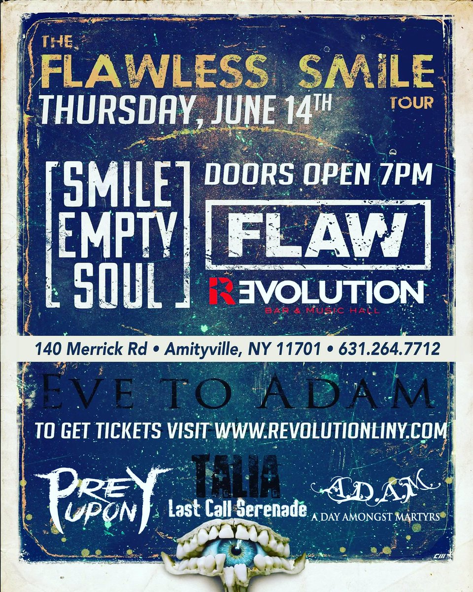 prey_upon's tweet photo. New show added! We will be playing with @_smileemptysoul , @BandFlaw , @EVETOADAMMUSIC , Talia, Last Call Serenade, A.D.A.M 6/14!
#preyuponband #metal #hardrock #smileemptysoul #flaw #evetoadam #taliaband #revolutionli #longislandscene #localband #heavymetal https://t.co/RIHNlQnveg