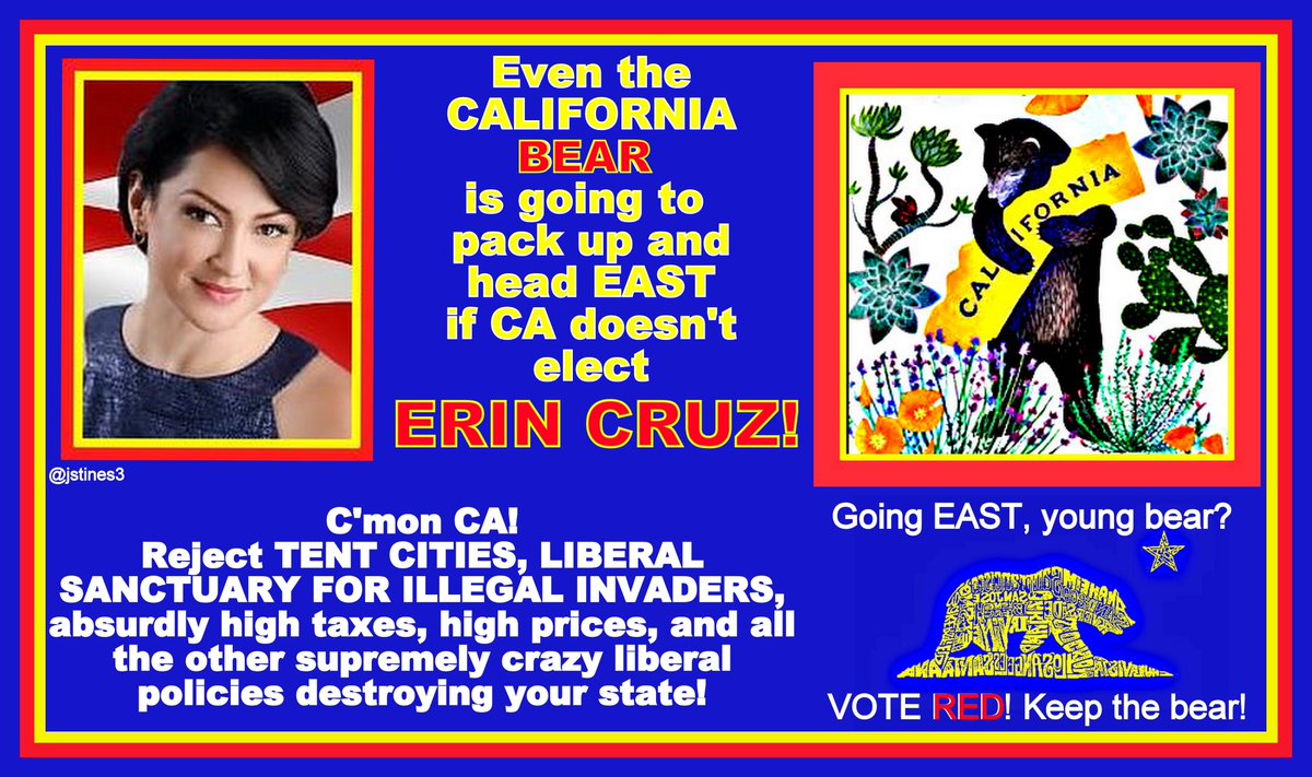 jstines3's tweet photo. If CA doesn't reject LIBERALS, even the BEAR will pack up and move EAST! STOP being the laughingstock of the nation!
VOTE RED and take back your state from LIBERAL NUTS!
Start by placing ERIN CRUZ in the Senate!
#VoteErinCruz
#CASen https://t.co/VODPgBqxYD