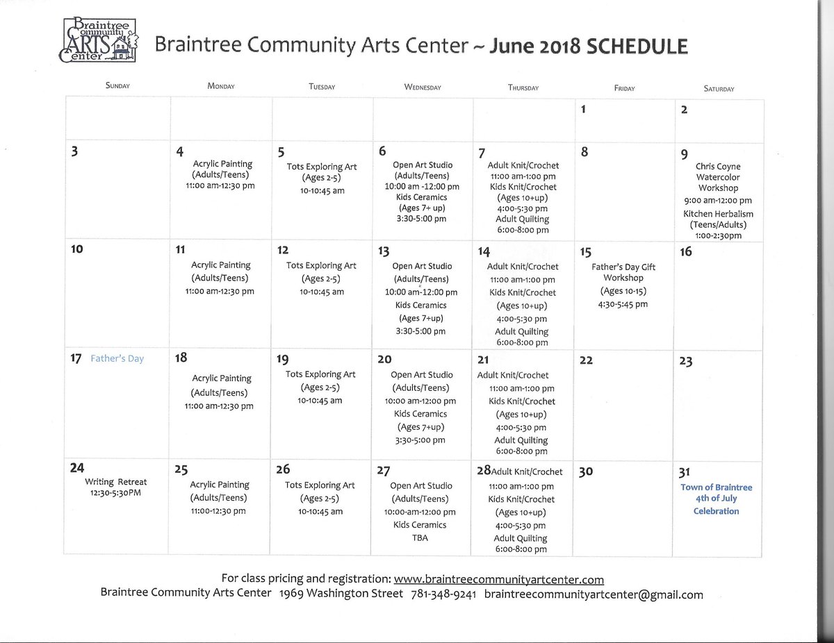 Our June Calendar is here - See what's happening at the BCAC braintreecommunityartcenter.com/wp-content/upl… . We are open to ALL! #creativity #community