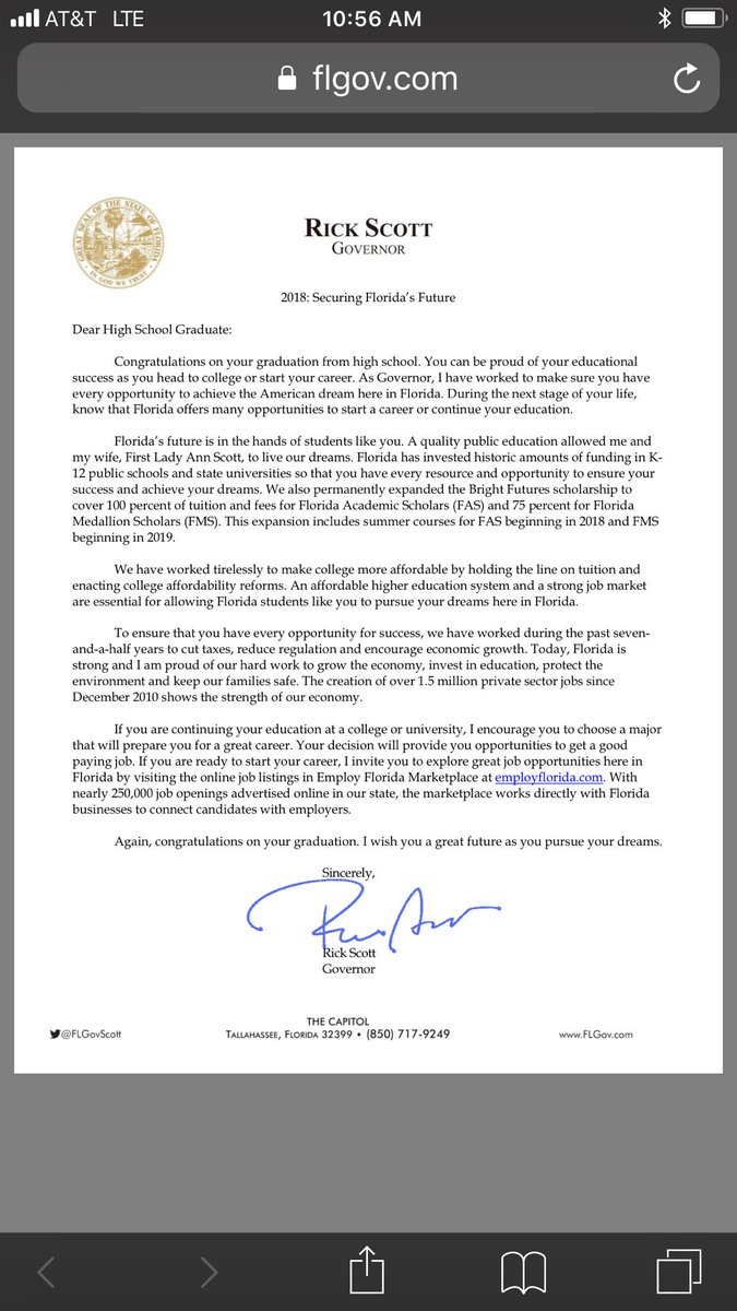 Letter to American Senior Graduates 🎓 from Governor Scott @MiamiSup <a href="/MDCPS/">Miami-Dade Schools</a> <a href="/MDCPSNorth/">M-DCPS North Region</a>