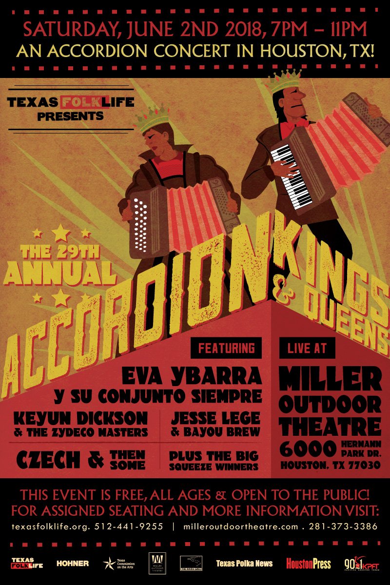 texasfolklife's tweet photo. #AKQ2018 tonight @MillerOutdoor - FREE show! Featuring #EvaYbarra y Su #Conjunto Siempre #KeyunDickson & The Zydeco Masters #Czech And Then Some #JesseLege & Bayou Brew #accordion #TexasMusic #Houston @HoustonPress @KPFTRadioHD @lonestarjukebox @Librotraficante https://t.co/JlU0pghDuK
