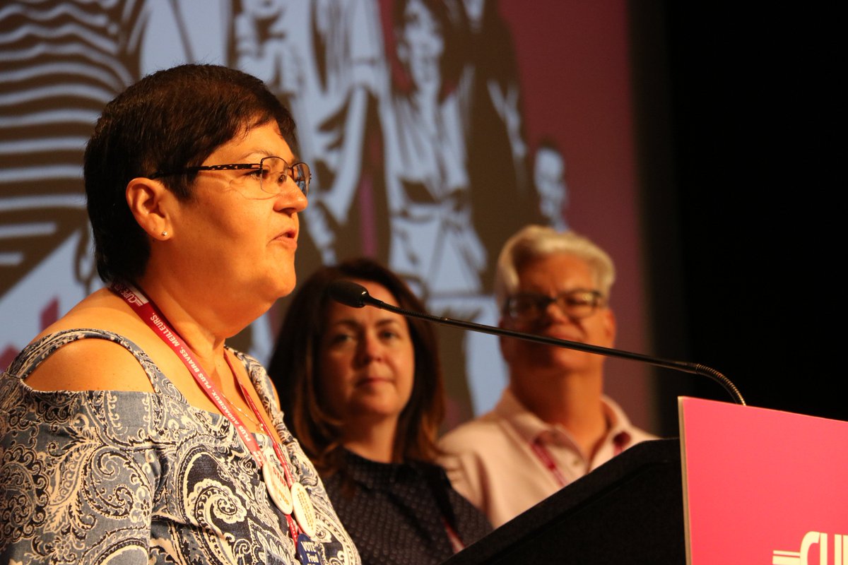 CUPEOntario's tweet photo. The @CUPEOntario Convention 2018 adjourns with a closing message from Aboriginal Workers Representative Dawn Bellerose. Safe travels & solidarity! // #CUPEON18 #DemandBetter https://t.co/EJPwHCZPjH