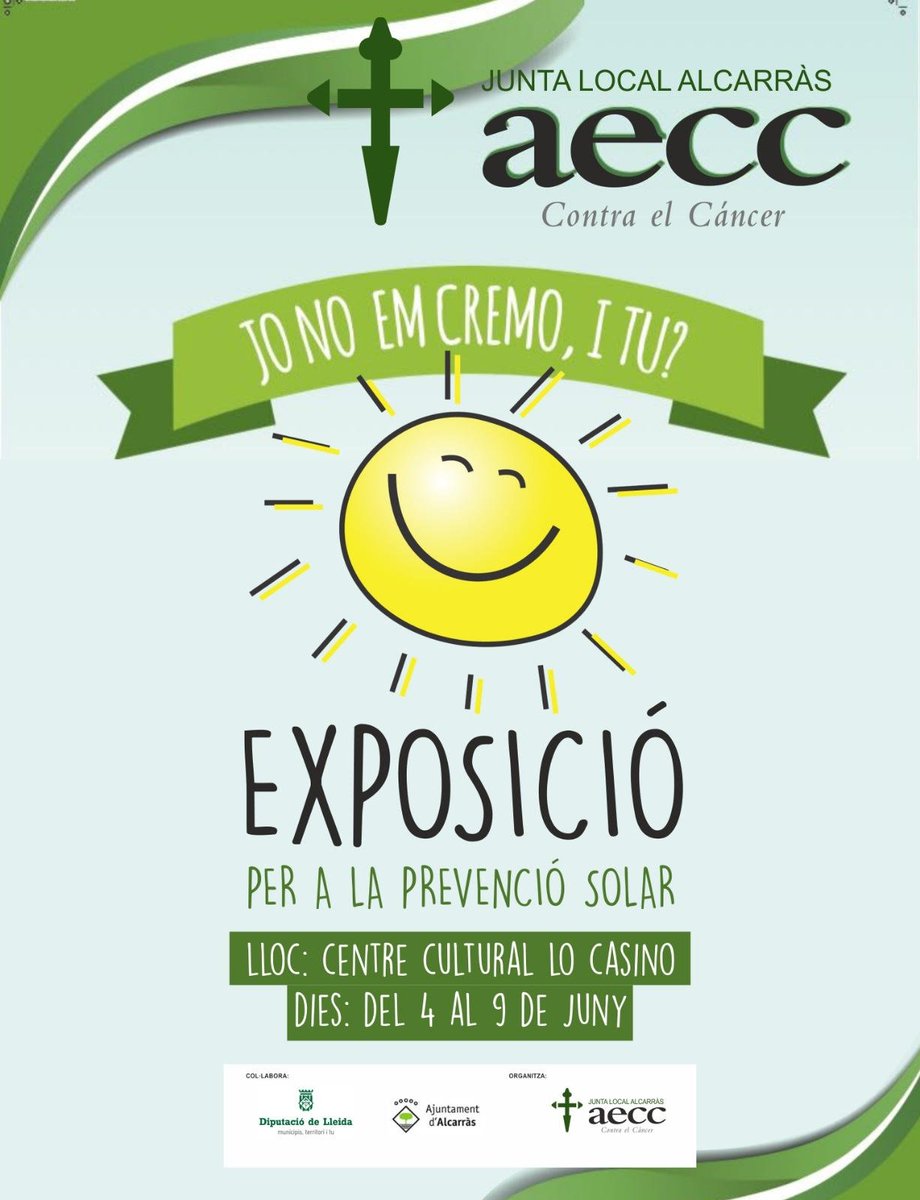 AjAlcarras's tweet photo. 'Jo no em cremo ☀️, i tu?'. Aquest és el títol de l'exposició per a la prevenció solar, que ha organitzat enguany l'#AECCAlcarràs @aecc_es. La podreu veure del 4 al 9 de juny, al Centre Cultural Municipal Lo Casino d'#Alcarràs. No us la perdeu! https://t.co/iITCsSufsq