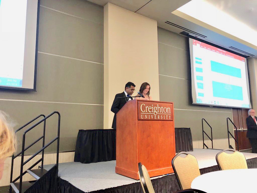 IMCreighton's tweet photo. Drs. Valenta &amp; @AndukuriGiri presenting #CreightonIMgraduation banquet last night. Special thanks for great, hard and enthusiastic work. You made it a special night for everyone. https://t.co/ymLgh5kHMj