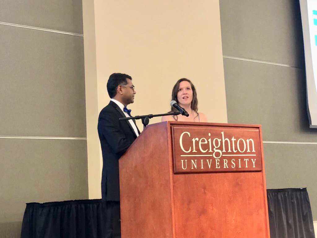 IMCreighton's tweet photo. Drs. Valenta &amp; @AndukuriGiri presenting #CreightonIMgraduation banquet last night. Special thanks for great, hard and enthusiastic work. You made it a special night for everyone. https://t.co/ymLgh5kHMj