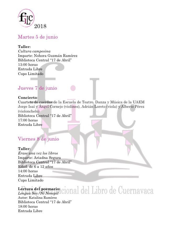 EdicionesUAEM's tweet photo. Les compartimos el programa de la @FILCuernavaca
@uaemorelos @prensauaem @InformacionUAEM @dccuaem @radiouaem @BibliotecaUAEM
#UAEM #Morelos #Cuernavaca #EdicionesUAEM #PresenciaEditorial https://t.co/RQGPkM7wU6