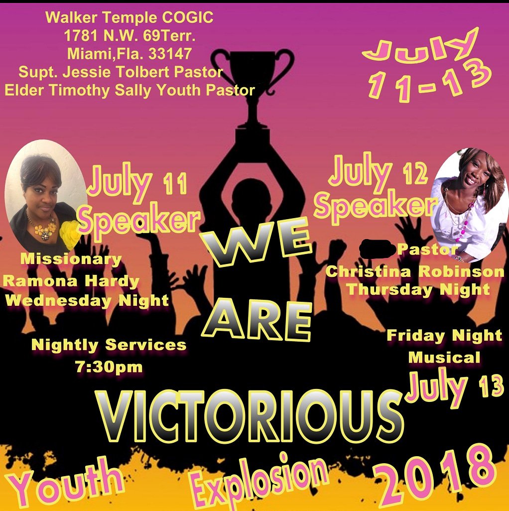 monicassally's tweet photo. Come out and enjoy Jesus with Walkers Temple Youth Ministry! We have some awesome speakers and Friday night we will have a musical. Looking forward to souls being saved, set free and delivered during this amazing Youth Explosion. https://t.co/5a1ONAVf5C