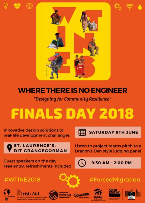 EWBIreland's tweet image. This day next week we'll be hosting the "Where There Is No Engineer" Competition Finals Day at DIT Grangegorman. Come along to see innovative solutions from Irish Uni students of Engineering, Design, Science #WTINE #ForcedMigration #designforgood #socialimpact #WTINE2018 🌐🛠️