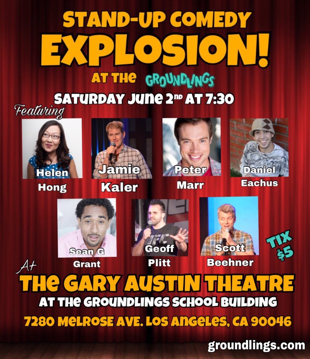 TONIGHT at <a href="/groundlings/">The Groundlings</a> <a href="/funnyhelenhong/">Helen Hong</a> <a href="/JamieKaler/">Jamie Kaler</a> <a href="/scottbeehner/">Scott Beehner</a> <a href="/thepetermarr/">peter marr</a> <a href="/DanEachus/">Daniel Eachus</a> <a href="/GeoffreyPlitt/">Geoff Plitt</a> <a href="/NatBaimel/">Nat Baimel</a> <a href="/SeanGrantWords/">Sean Grant</a> #standup #comedy