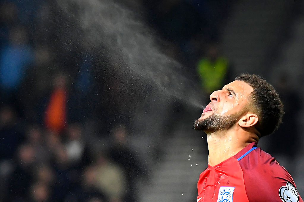 BBCMOTD's tweet photo. The classic Kyle Walker water spray on display again at Wembley. 😅

#bbcworldcup #ENGNGA  https://t.co/G81plM54Sj https://t.co/I6wZovjqF9