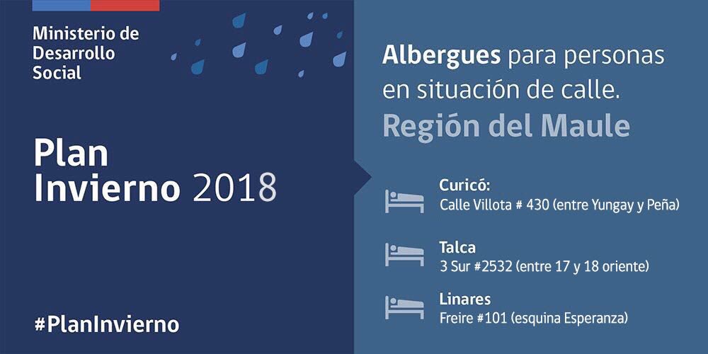 Debido a las bajas temperaturas que afectan a la región del Maule, adelantamos la puesta en marcha del #PlanInvierno. Si ves una persona en situación de calle, llama al #FonoCalle ☎️ 800 104 777 para derivarla a alguno de nuestros albergues o #RutaCalle