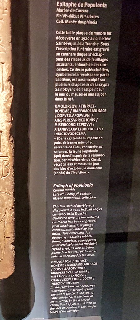 Among the items on display also the lovely funerary #marble inscription of Populonia, servant of God, who died at the age of 25 on October 15th somewhere between the late 6th and the early 7thC. A common early Christian #iconography at the bottom: a chalice and 2 doves.