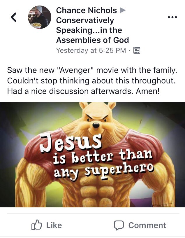 chanceisloud's tweet photo. I have infiltrated an Assemblies of God Facebook group and I’m trying to see how many buff Winnie the Pooh memes I can get away with before they kick me out. https://t.co/14Cdqv4fpg