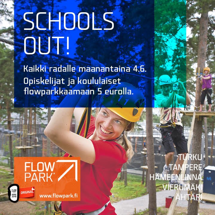 Flowstaff palkitsee kaikki koululaiset ja opiskelijat pitkän uurastuksen päätteeksi. Tulevana maanantaina 4.6.2018 Schools Out -tapahtuma Flowparkeissa kautta maan, lukuun ottamatta Lappeenrantaa. #schoolsout #flowparkkaaja #flowpark #turku #tampere #vierumäki #ähtäri