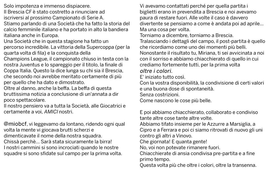 La_Bianconera's tweet photo. #Mentalità! Il fortissimo @BresciaCF (#BresciaFemminile), che in questa stagione si è giocato lo scudetto con le #JuventusWomen, sta (assurdamente!) fallendo. Da due gruppi di tifosi juventini (@JWS_Italia) e bresciani (#MioBCF) arriva un bellissimo insegnamento. Per tutti. 👏👏 https://t.co/ngtuA0FBgw