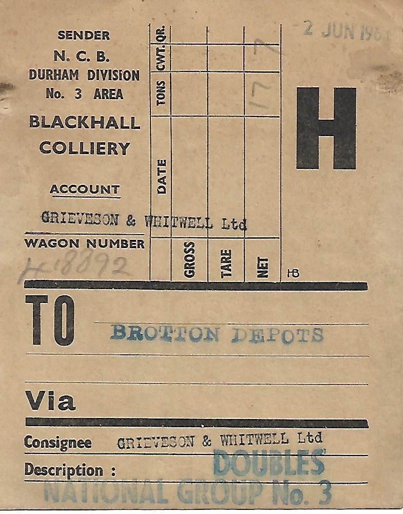 SalopianLyne's tweet photo. #RailwayWagonLabelaDay No.1303 : 2nd June 1964 National Coal Board Durham Division Blackhall Colliery Doubles in British Railways 21 Ton Hopper B418892 to Brotton Depots for Grievson &amp; Whitwell Ltd. #Railfreight #Coal #NCB #Durham #Wagons #Brotton https://t.co/paKyUSkDET