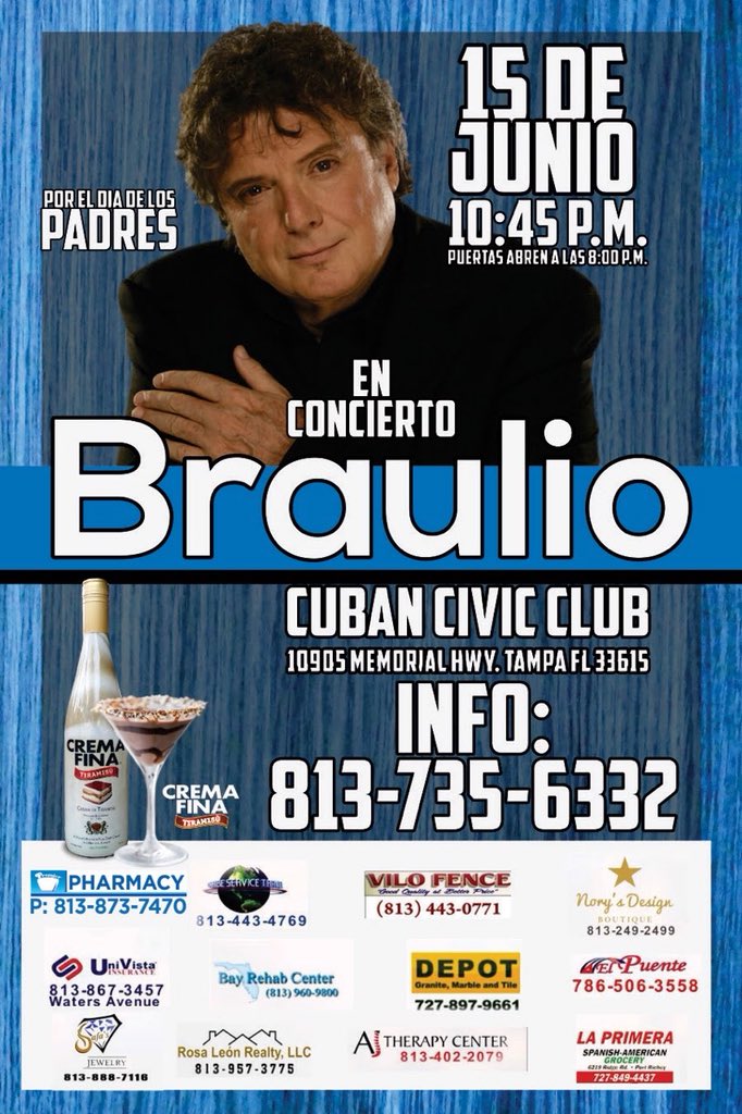 CremaFina's tweet photo. Ok! Gracias por anoché y por 
El siguiente concierto...
¡Braulio!
15 de Junio 2018
Por El Día De Los Padres!
Cuban Civic Club
Puertas abren a las 8:00 pm
Concierto a las 10:45 pm
10905 Memorial Hwy.
Tampa, Florida, USA!
🇨🇺Crema 💃🏽y🕺🏽Concierto!🇺🇸 https://t.co/QgwoOwMMq9