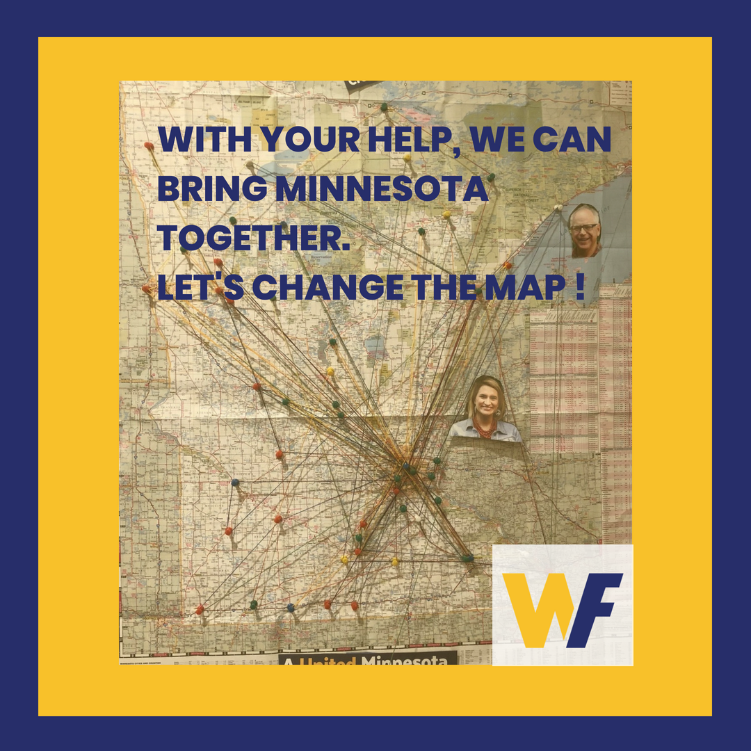 Tim_Walz's tweet photo. Pawlenty wants to divide Minnesota, but Tim and Peggy won’t let that happen. We’re making a new map! #DFL2018 #mngov #WinWF https://t.co/UpdJAOrKzG