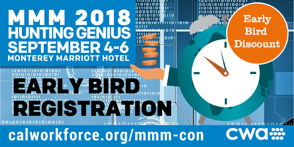 CAWorkforce's tweet photo. Meeting of the Minds in Monterey 2018 - Hunting Genius, Sept 4-6, Monterey Marriott Hotel. Early Bird Registration is OPEN NOW!! Dont miss out on; Pre-Cons, 3-Days of Plenaries &amp; Break Out Sessions, Exhibitors, Networking Events &amp; MORE. #MMM2018 #wkforceConference #CaWorkforce https://t.co/ED9W4NEQ2e