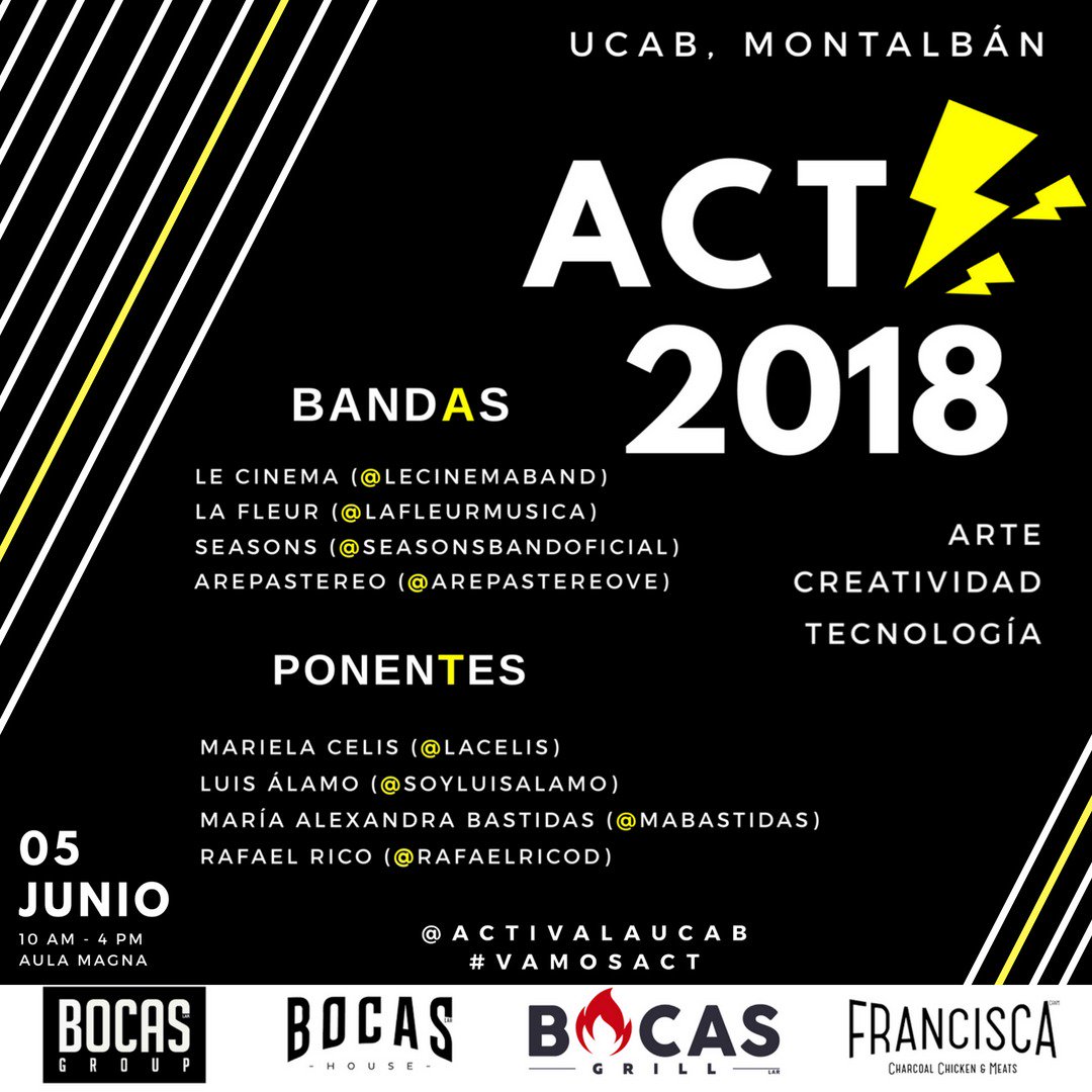 CECOSO's tweet photo. Este martes 5 de junio a las 10am #ACT🎨💭📱 espera por ti, ven y disfruta la historia de estos increíbles ponentes culminando con una presentación de bandas en vivo ¡Síguenos en @activalaucab para mayor información! Evento abierto a todo público 📣
#ACT #VamosACT #ACTivalaUCAB https://t.co/IRVz0o3U8p