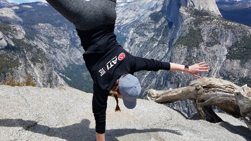 ATIPT's tweet photo. ATI's Calley Cook is representing ATI while on vacation hiking in Yosemite. These photos were taken on Glacier Point at an elevation 7,214 feet! #ATIOutside https://t.co/SuVhaCfqyq